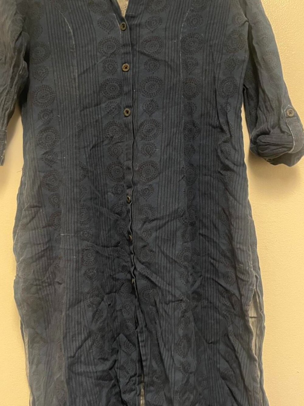 Navy Blue Paisley Button-Up Dress with Slits Size S